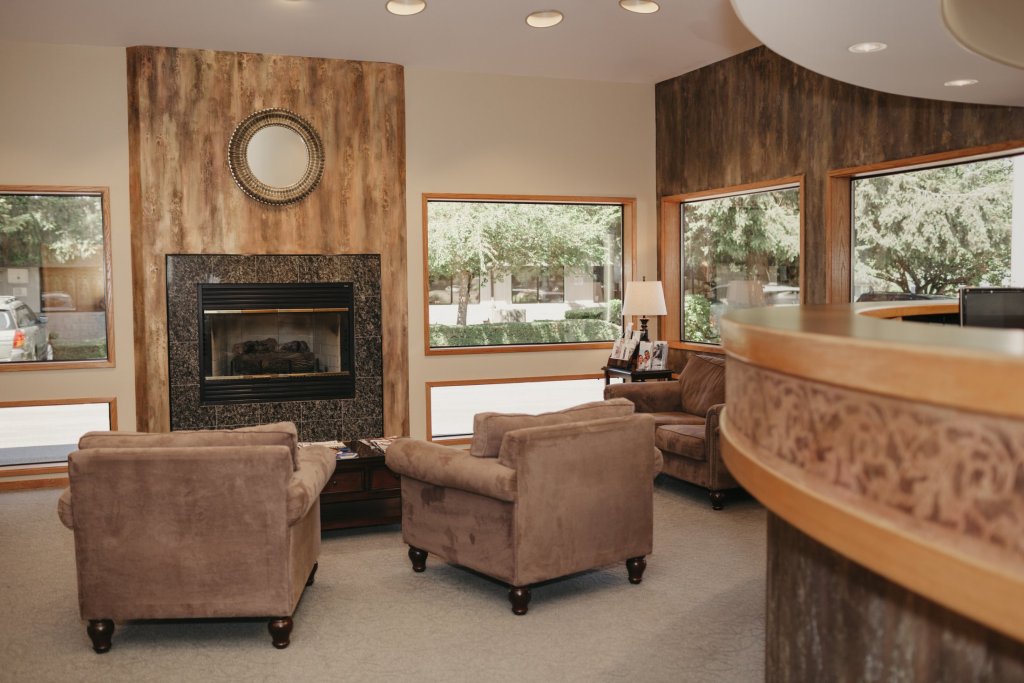 Auburn office waiting area with fireplace